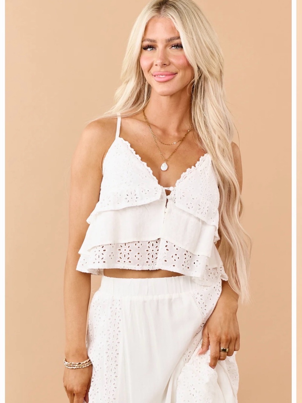 ILLA ILLA Off White Eyelet Lace Button Down Cami Top